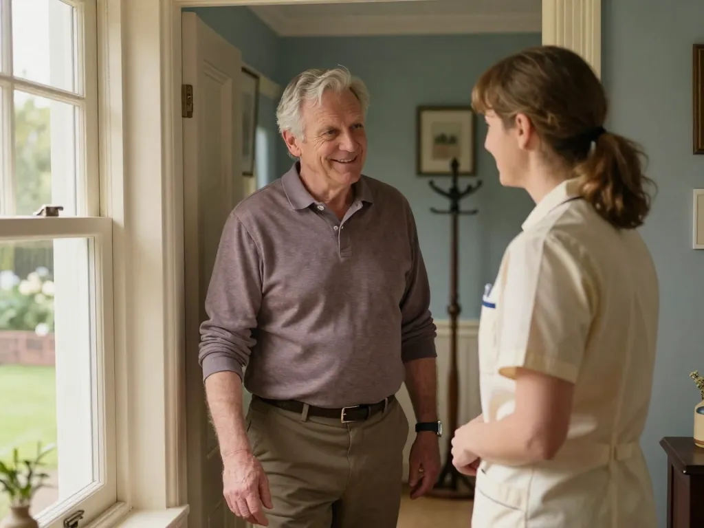 A nurse chatting with an older man in the hallway of his home