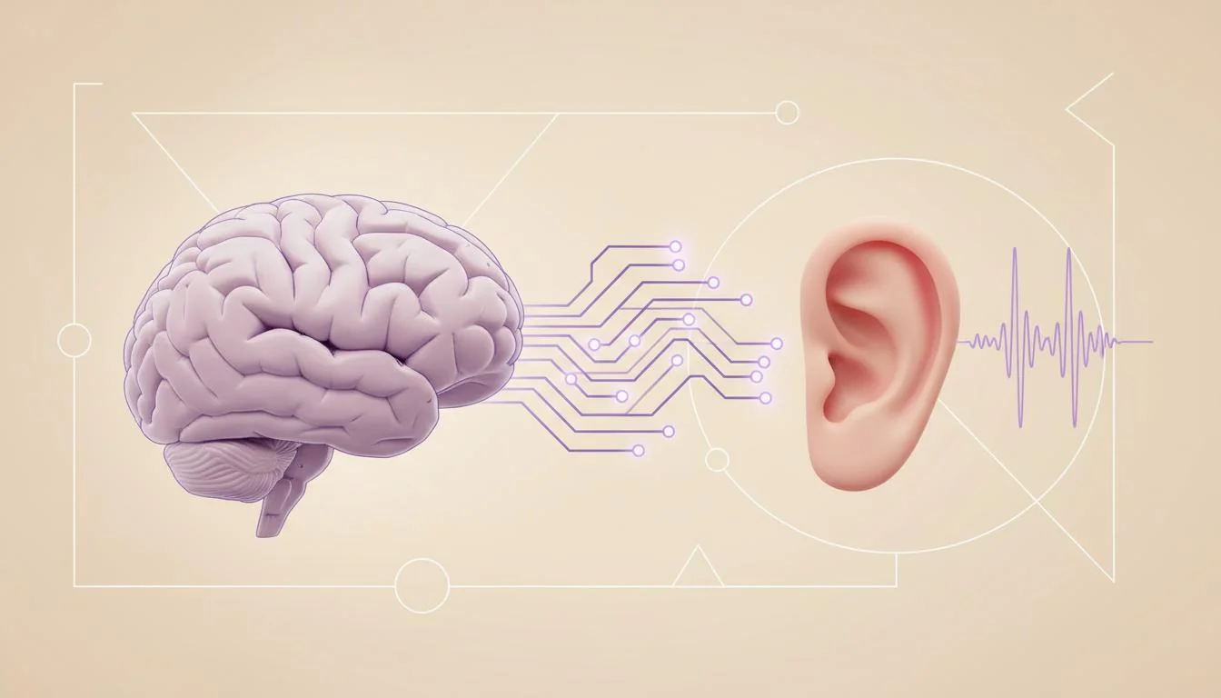 Illustration of auditory neural pathways between the brain and ear