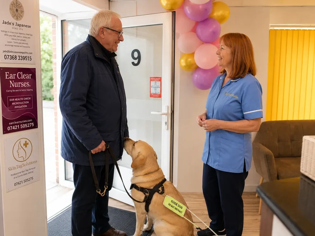 An older gentleman with his guide dog being welcomed by an Ear Clear Nurses at the clinic