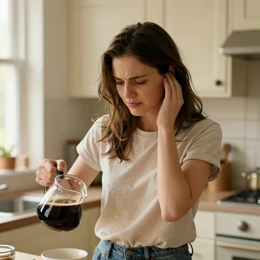 A woman pausing in her kitchen, hand to her ear, uncomfortable