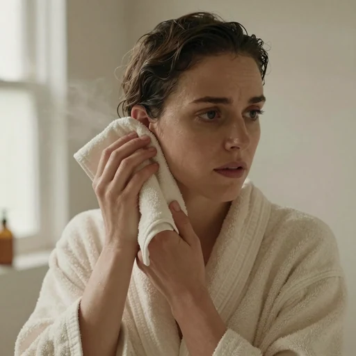 A woman just out of the shower, dabbing a towel near her ear