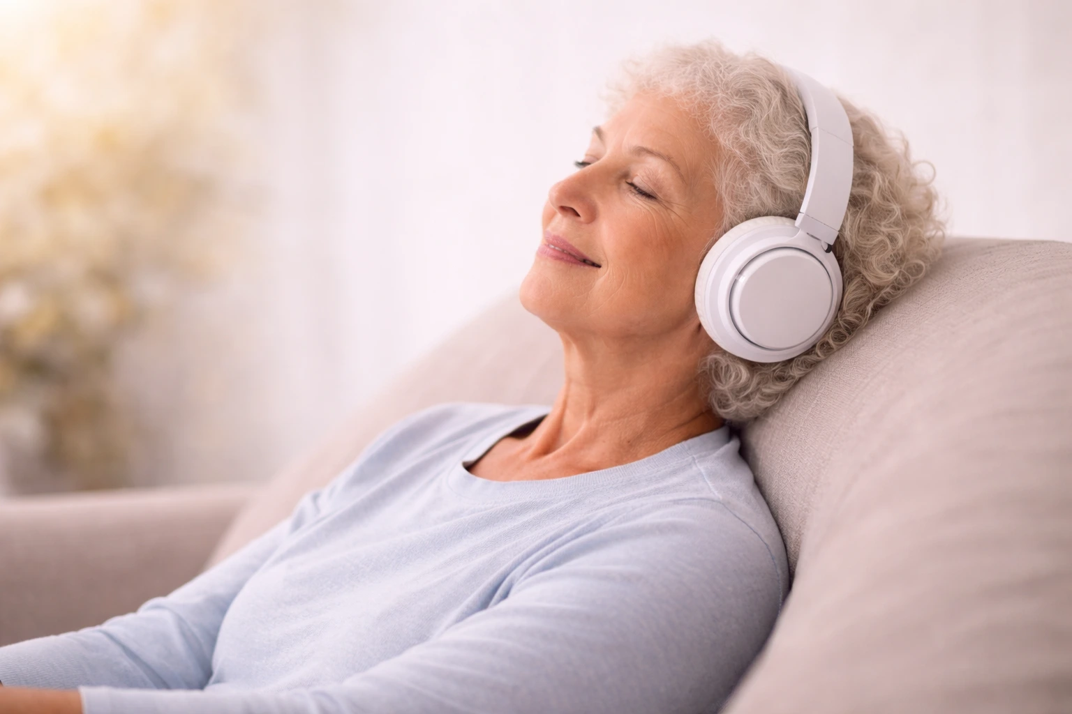 Woman listening with headphones, relaxed