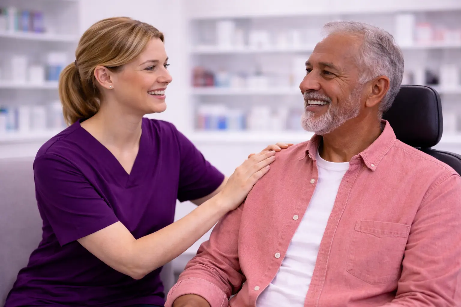 A nurse giving clear aftercare advice to a smiling older patient
