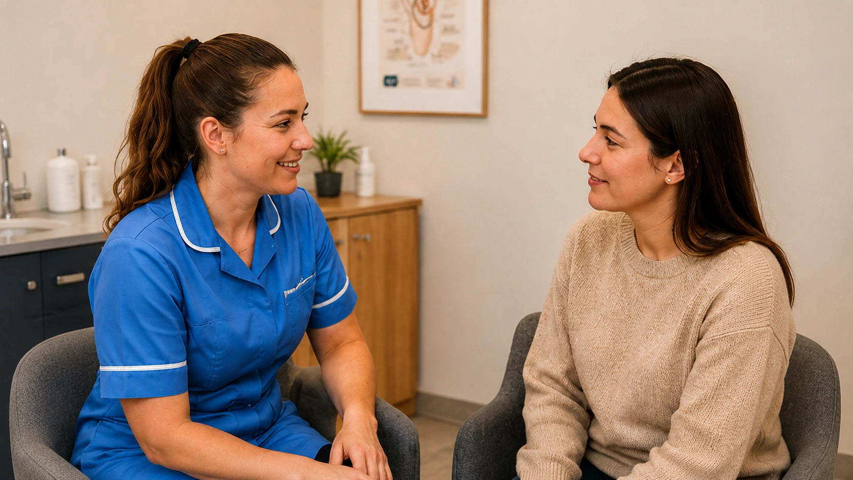 A friendly nurse speaking with an older patient during an ear appointment assessment